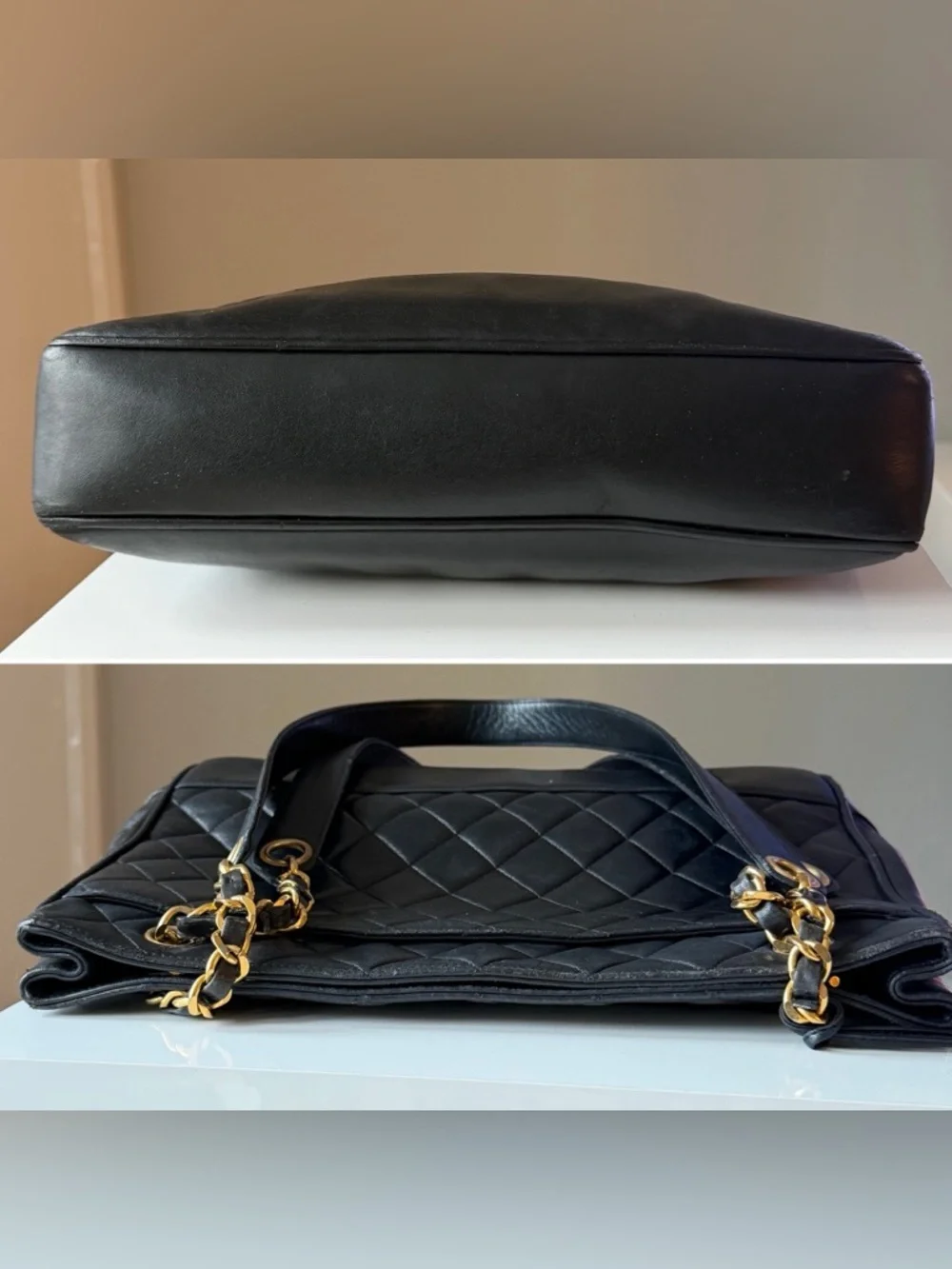 Chanel Vintage Quilted Lambskin Slit Pocket Shoulder Tote Black Gold Chain Charm